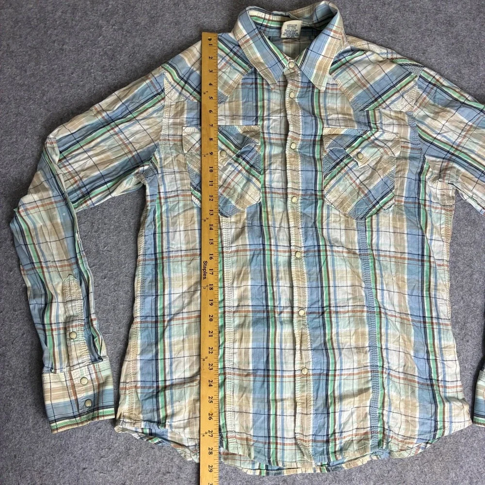 True Religion Men's Size XXL Western Plaid Snap Shirt Blue Green 100% Cotton